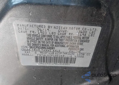 2019 Nissan Kicks Sr z USA, uszkodzony, nr VIN 3N1CP5CU9KL540301